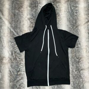 Black Short Sleeve Hoodie with White Zipper